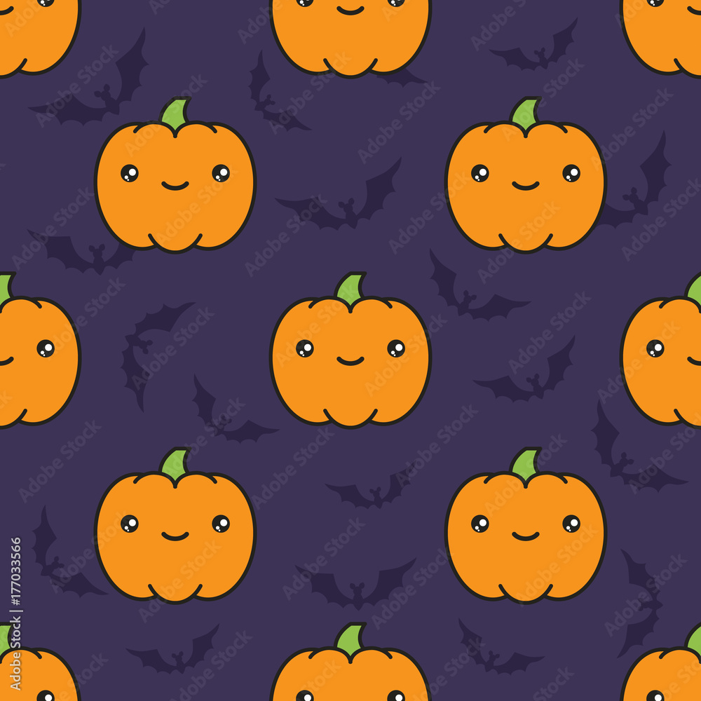 Seamless halloween pattern with pumpkins on dark violet background with silhouettes of flittermouse. Seamless halloween pattern with pumpkins on dark violet background with silhouettes of flittermouse.