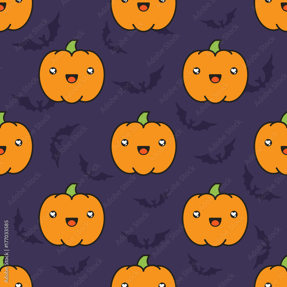 Seamless halloween pattern with pumpkins on dark violet background with silhouettes of flittermouse.