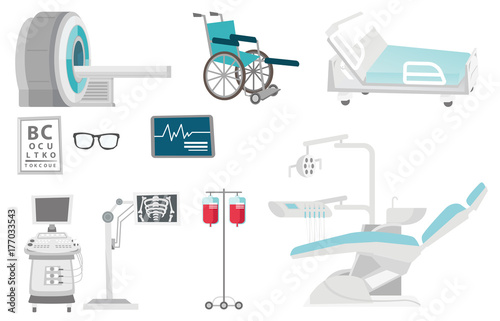 Medical equipment illustrations set. Collection of medical equipment including hospital bed, MRI, x-ray scanner, wheelchair, dental chair. Vector cartoon illustrations isolated on white background.