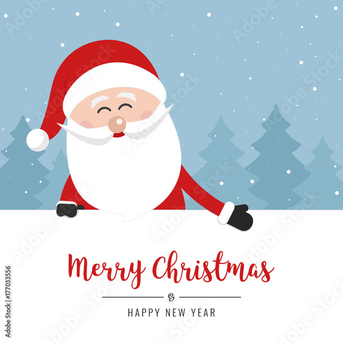 santa claus behind banner showing christmas gretting text winter landscape background
