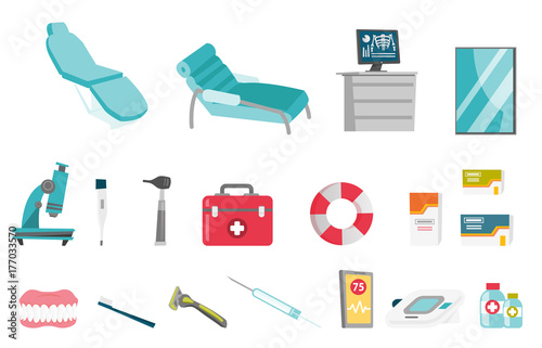 Medical equipment illustrations set. Collection of medical equipment including microscope, first aid kit, thermometer, syringe, dental chair. Vector cartoon illustrations isolated on white background.
