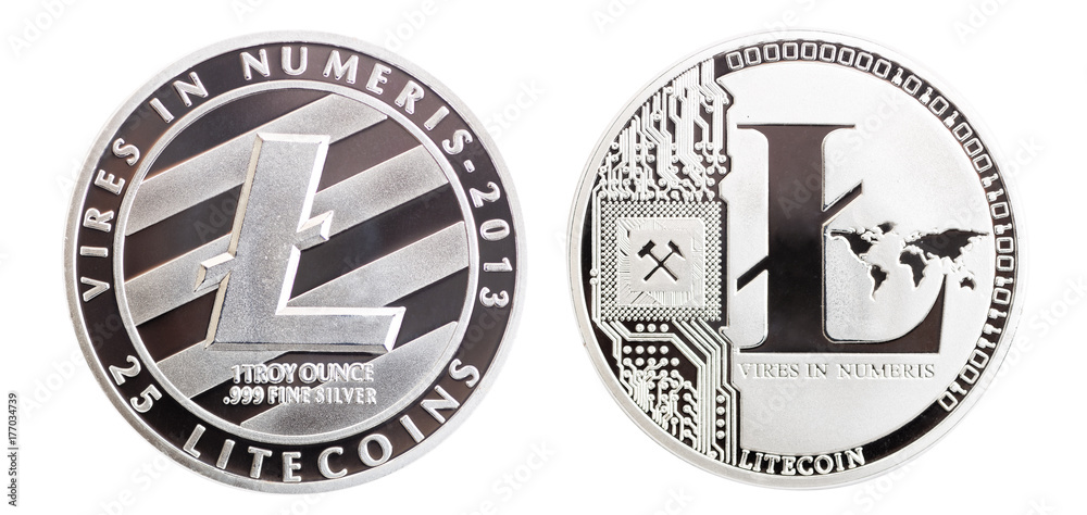 Silver colored coin Litecoins - international virtual cryptocurrency. Isolated on white.