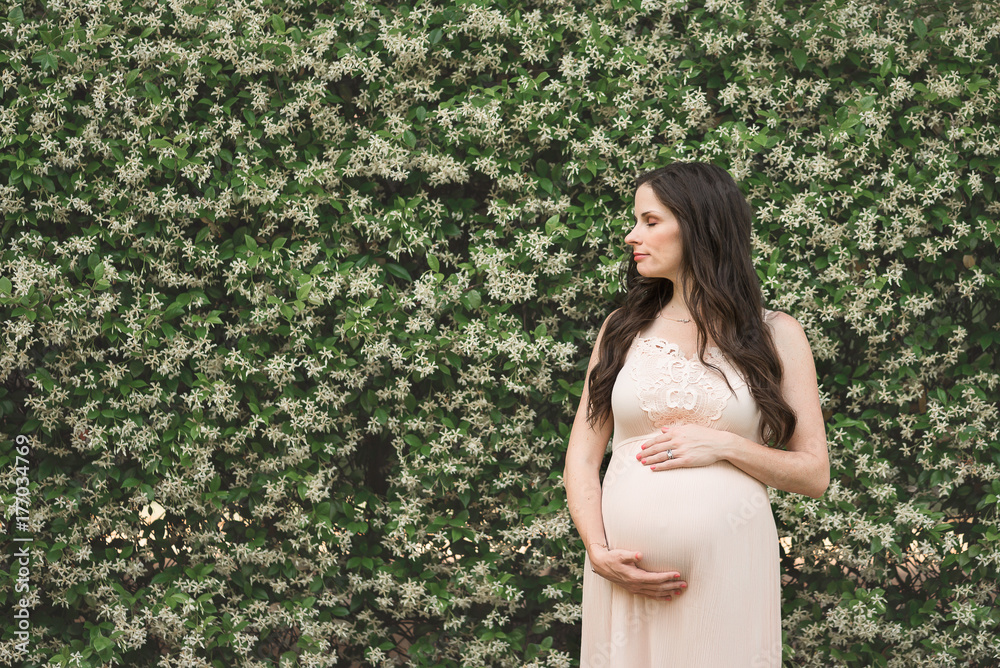 A Pregnant Woman Stands In Front Of A Wall Of Flowers A Pregnant Woman Stands In Front Of A Wall Of Flowers