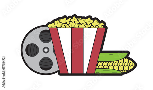 a reel with a film a large bucket with popcorn,ear of corn,vector image, flat design,outline style