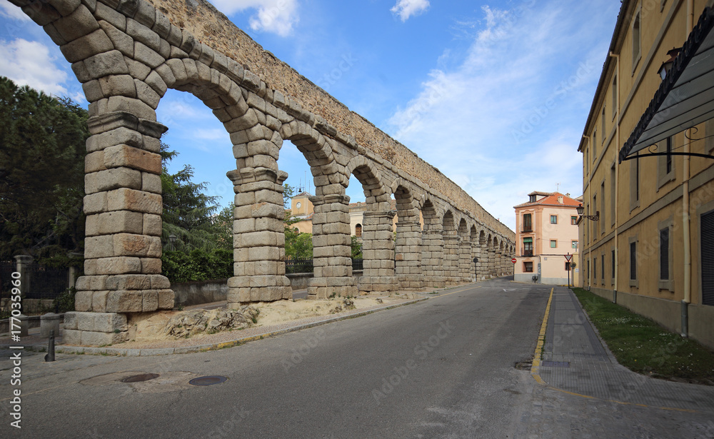 Segovia, Spain. View at Plaza del Azoguejo and the ancient Roman aqueduct