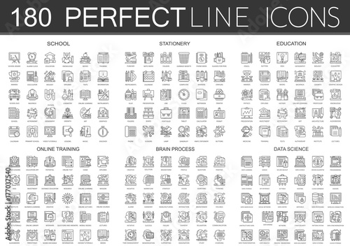 180 outline mini concept icons symbols of school, stationery, education, online training, brain mind process, data science icon