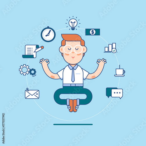 Business man sitting in padmasana lotus pose with flying around documents, idea,clock,money flying around him.Vector illustration in flat linear style
