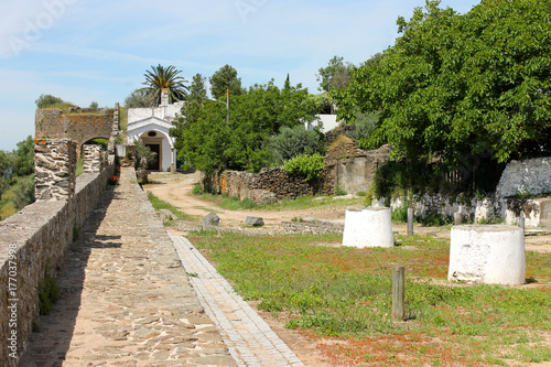 The streets and houses of Evora Monte, a walled town in the Alentejo region of Portugal