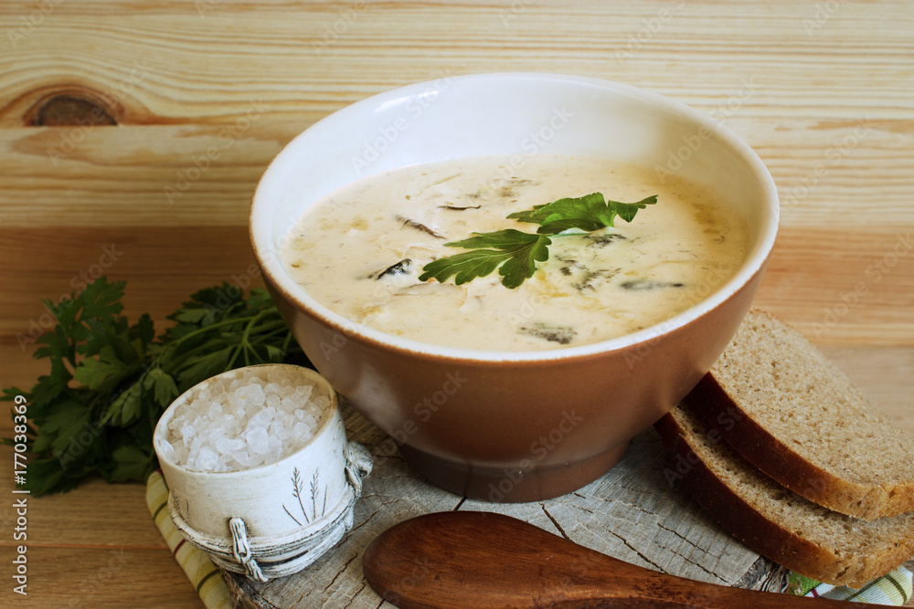 Serving soup from forest mushrooms in a rural style. Natural wood background. Selective focus. Horizontal. Serving soup from forest mushrooms in a rural style. Natural wood background. Selective focus. Horizontal.