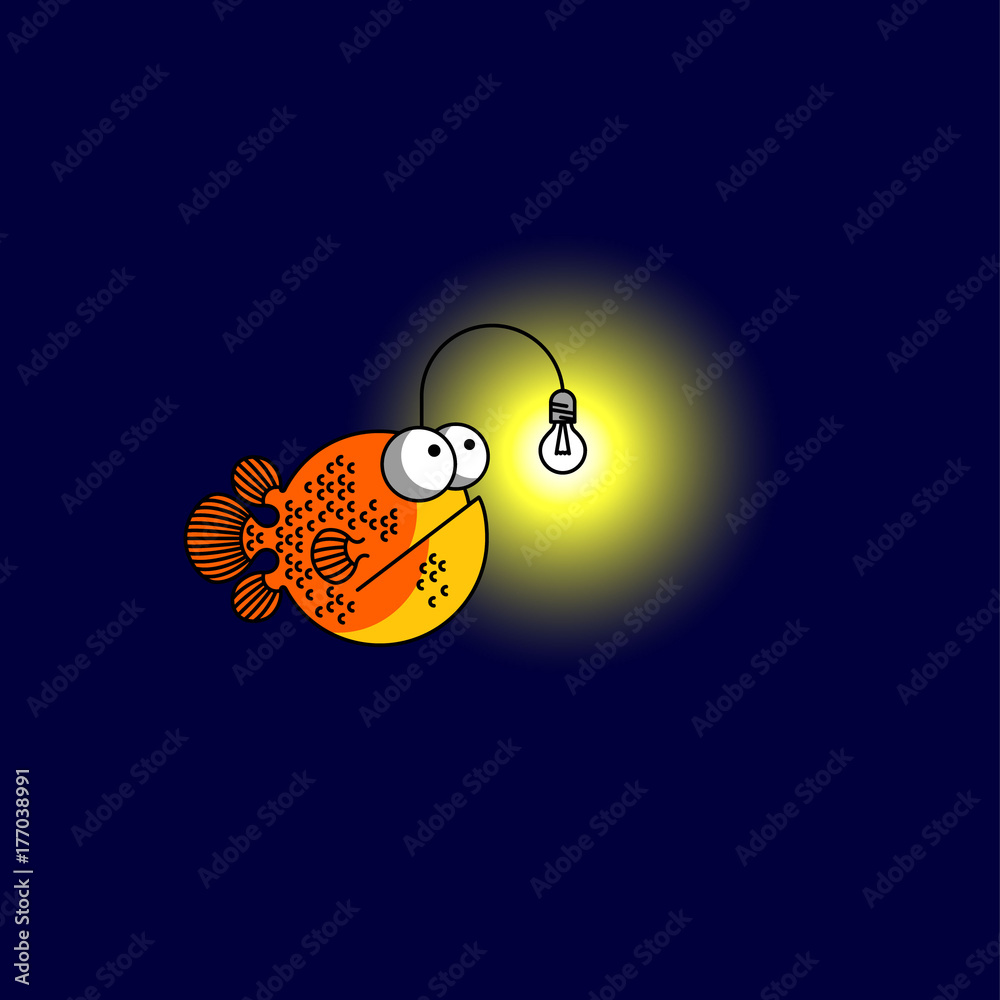 Cartoon fish lantern illustration. Deep-water fish lamp with a light bulb  on a dark background. Stock Vector | Adobe Stock