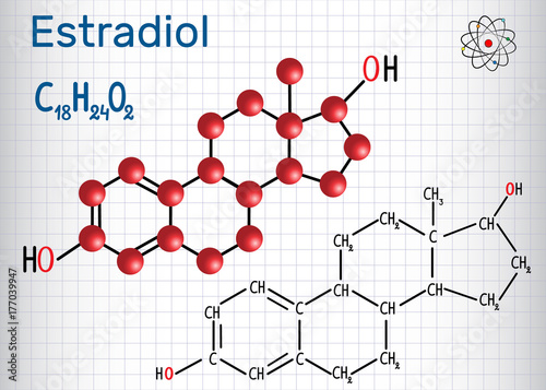 Estradiol E2 (estrogen female sex hormone ) - structural chemical formula and molecule model. Sheet of paper in a cage