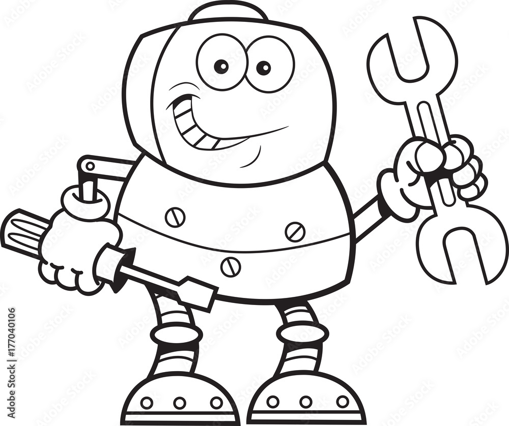 Black and white illustration of a robot holding tools.