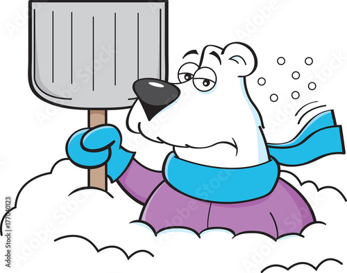 Cartoon illustration of a polar bear holding a snow shovel.