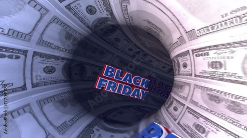 Black Friday text in a tunnel of dollar notes. Modern cgi animation. Futuristic seamless 4k background  photo