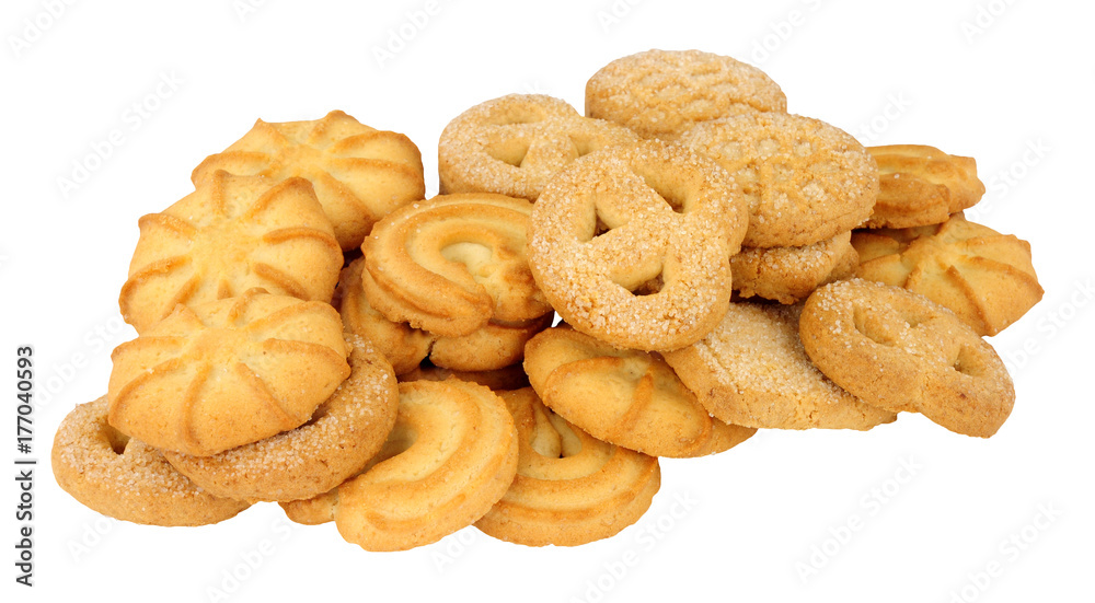 Assortment of Danish butter biscuits isolated on a white background