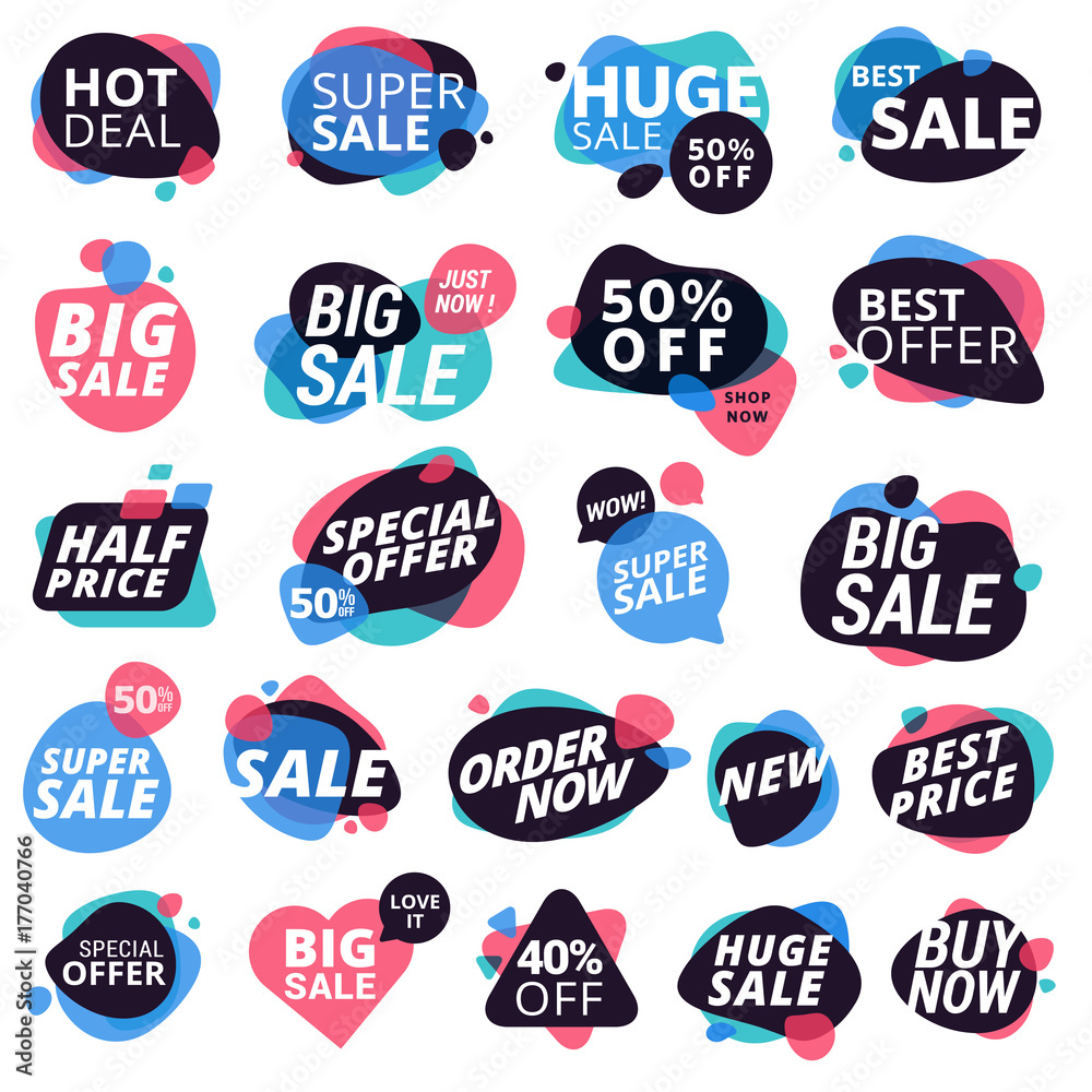 Set of colorful eye-catching stickers and badges, product promotion, special offer, shopping. Isolated vector illustrations for web design and marketing material.