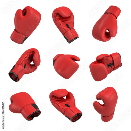 3d rendering of a red boxing glove on white background in many different angles. photo