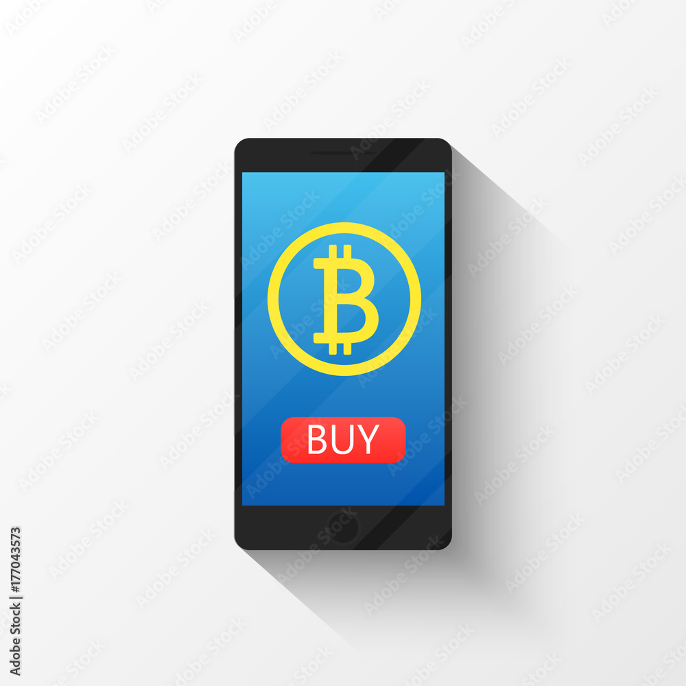 Bitcoin digital wallet flat icon design symbol isolated vector illustration. Crypto currency. Smartphone with a sign bitcoin