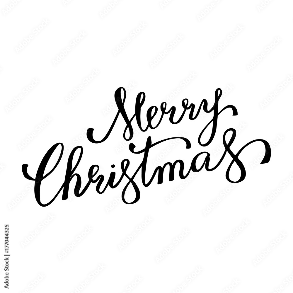 Merry Christmas winter holiday greeting card. Vector calligraphy hand drawn font lettering on white background for Christmas celebration wish postcard