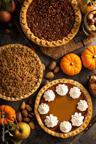 Fall traditional pies pumpkin, pecan and apple crumble