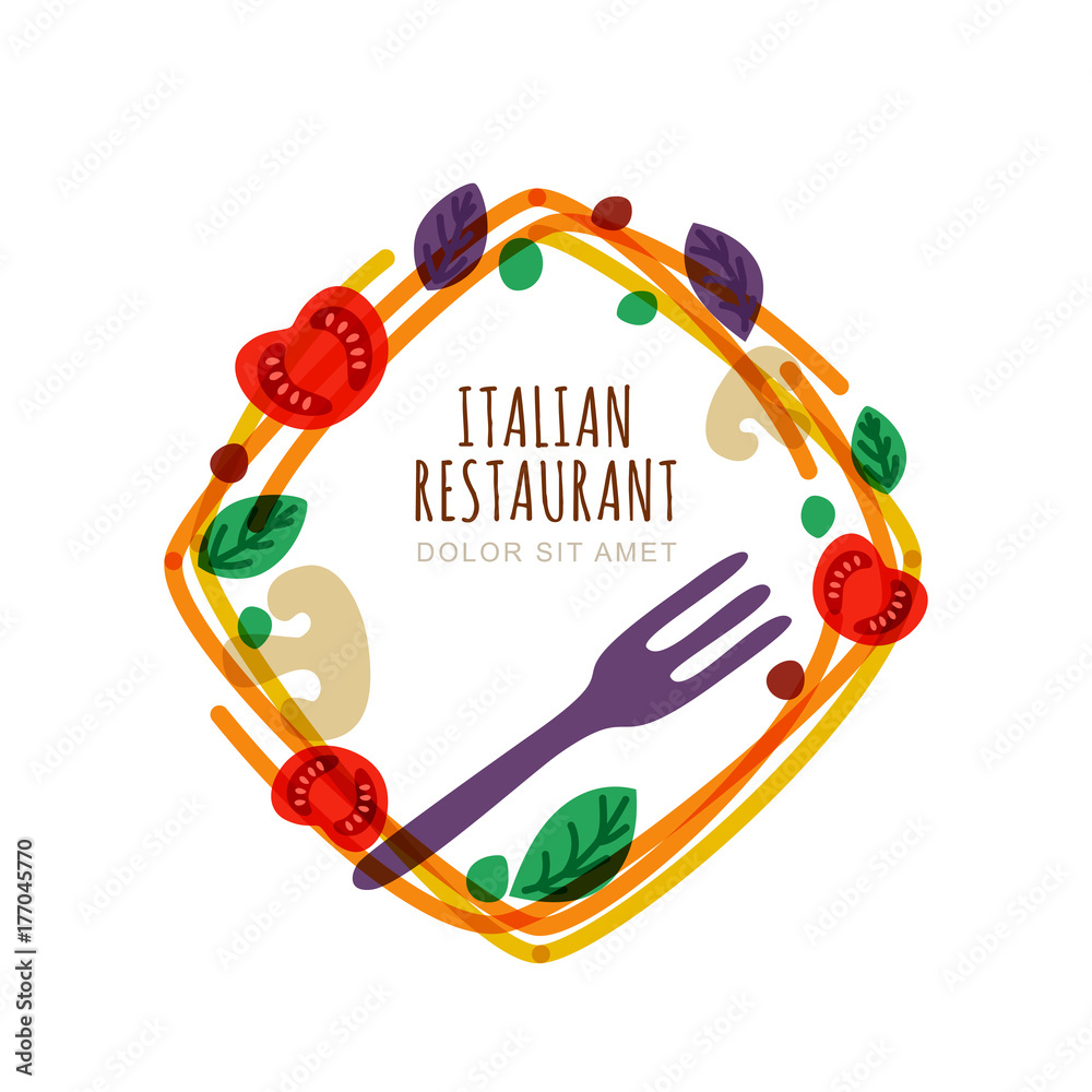 Hand drawn doodle isolated frame with italian spaghetti, tomato, basil, fork. Vector logo, emblem design template. Concept for pasta label, restaurant menu, cafe, fast food or pizzeria. Hand drawn doodle isolated frame with italian spaghetti, tomato, basil, fork. Vector logo, emblem design template. Concept for pasta label, restaurant menu, cafe, fast food or pizzeria.