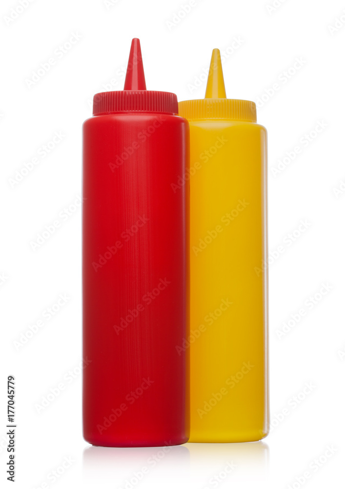 Classic plastic container with ketchup and mustard Classic plastic container with ketchup and mustard