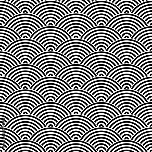 Fish scale seamless pattern background. Abstract design element. Black vector illustration of striped concentric circles.