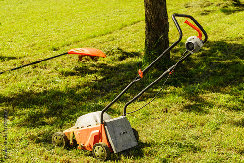 Gardening. Mowing lawn with lawnmower