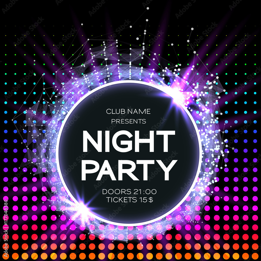 Night Party Dance Poster Background. Event celebration flyer. Futuristic technology style. Big data. abstract design with plexus. Disco Vector illustration. Used for banner, card, poster