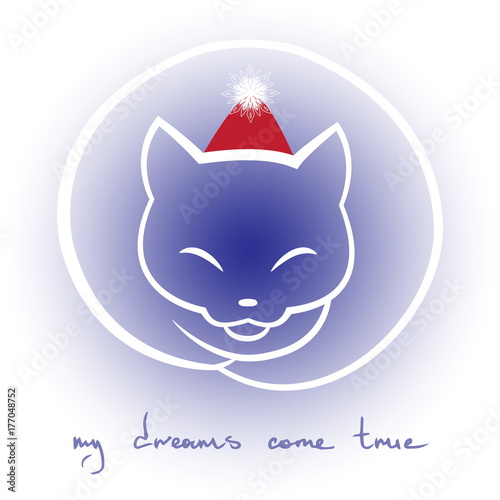 My dreams come true. Xmas inspirational quote. Cat in christmas hat. Vector.