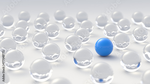 Leadership, success, and teamwork concept, blue leader ball among glass balls. 3D Rendering.