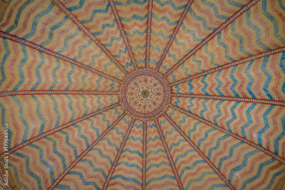 Beautiful carved on the ceiling, Amber Fort near Jaipur, Rajasthan, India. Unesco World Heritage Site