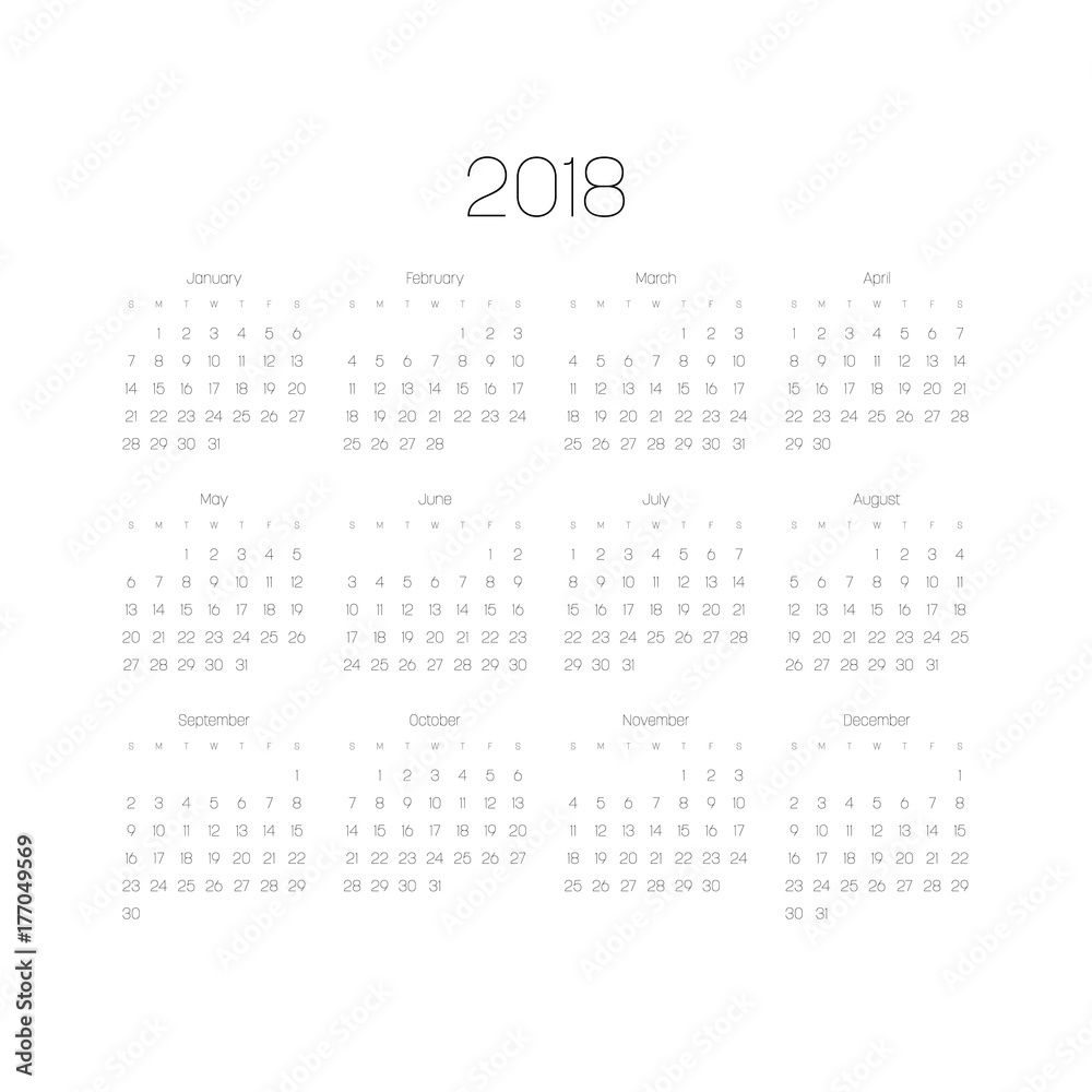 Naklejka Vector calendar - Year 2018. Week starts from Sunday. Simple flat vector illustration with black numbers and letters on white background.