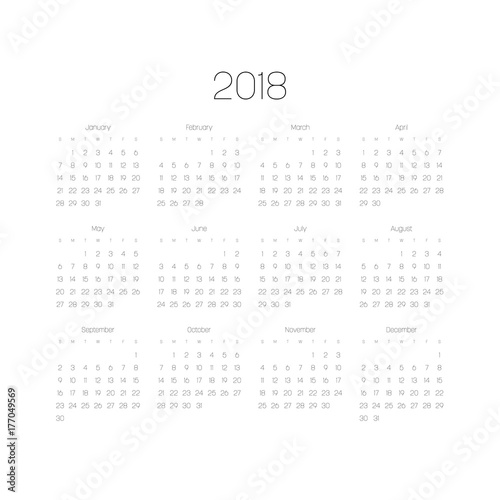 Vector calendar - Year 2018. Week starts from Sunday. Simple flat vector illustration with black numbers and letters on white background.
