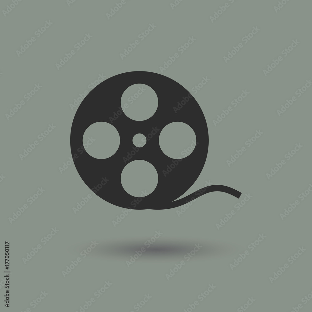 Cinema film reel in modern style with shadow and gray background. Symbol of a movie, theater and old documentary.