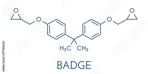 Bisphenol A diglycidyl ether (BADGE, DGEBA) epoxy glue constituent molecule. Skeletal formula. photo