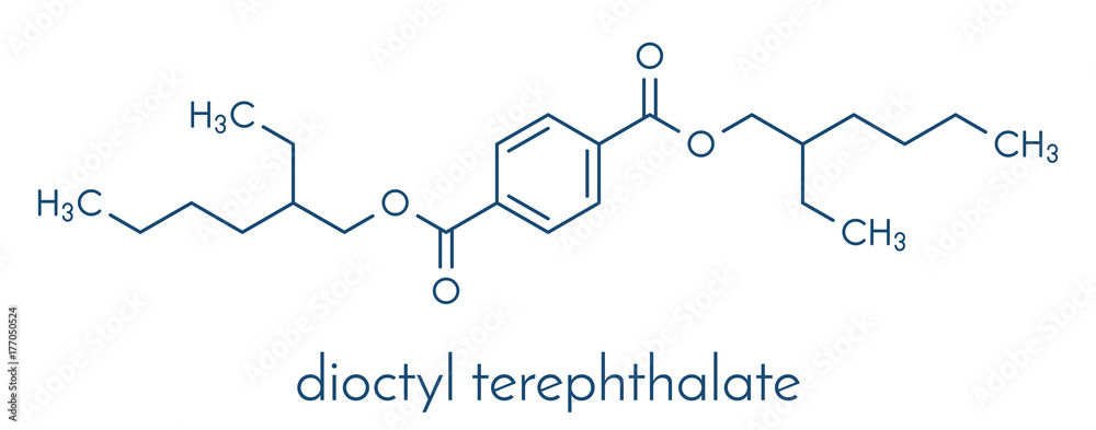 Dioctyl terephthalate (DOTP, DEHT) plasticizer molecule. Phthalate alternative, used in PVC plastics. Skeletal formula.