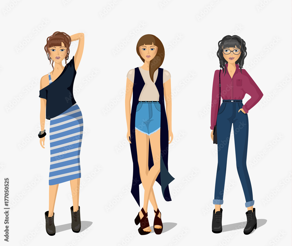 Fototapeta premium fashion girl icon set. hipster girl style. slim figure. poster for clothes promotion. women dressed in accessories. Young girl is walking out. Beautiful fashion style set