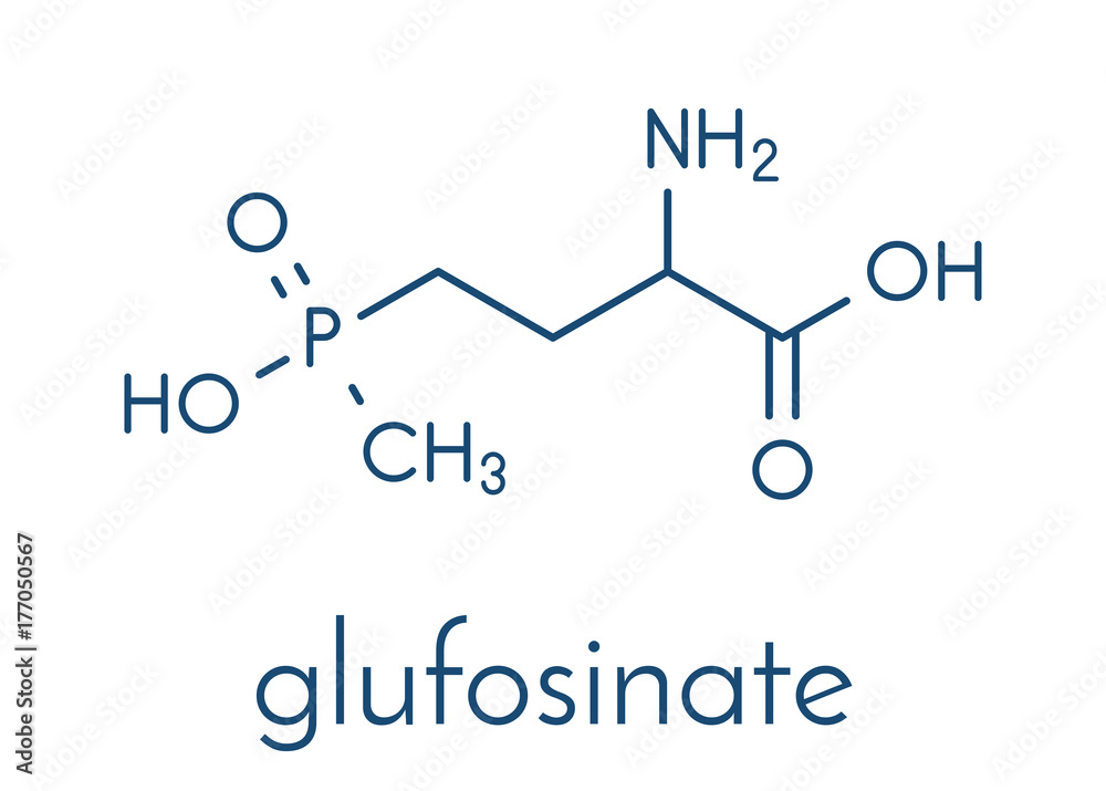 Glufosinate (phosphinothricin) nonselective herbicide molecule. Transgenic (GMO) crops have been created that are resistant to glufosinate. Skeletal formula.
