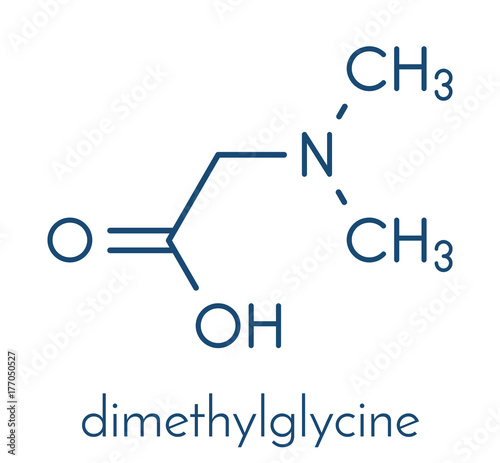 Dimethylglycine (DMG) molecule. Methylated derivative of glycine, used in performance enhancing nutritional supplements. Skeletal formula.