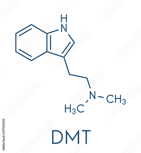 Dimethyltryptamine (DMT) psychedelic drug molecule. Present in the drink ayahuasca. Skeletal formula.
