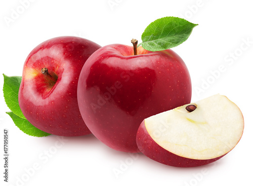 Isolated apples. Two whole red, pink apple fruits with slice isolated on white with clipping path