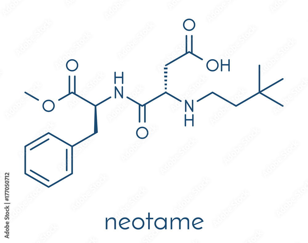 Neotame (E961) sugar substitute molecule. Skeletal formula.