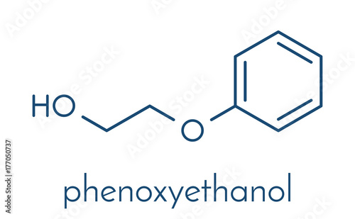Phenoxyethanol preservative molecule. Often used in pharmaceuticals, cosmetics, etc. Skeletal formula.