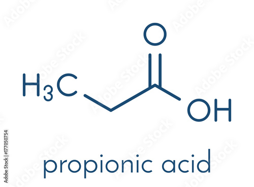 Propionic acid (propanoic acid) molecule. Used as preservative in food. Skeletal formula.
