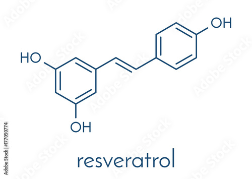 Resveratrol molecule. Present in many plants, including grapes and raspberries. Believed to have a number of positive health effects. Skeletal formula.