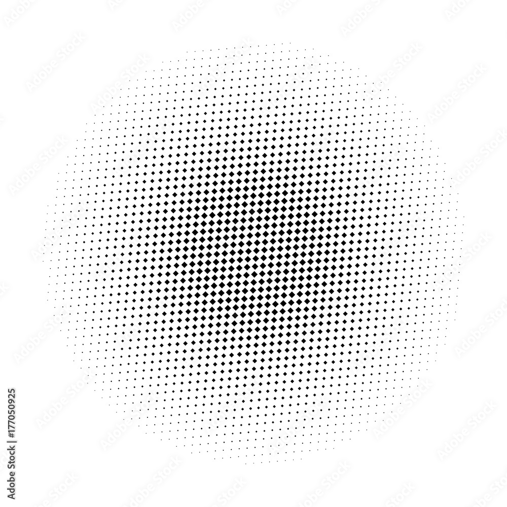 Abstract halftone gradient background circle of squares in diagonal arrangement. Simple stylish modern design vector element in black and white.