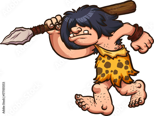 Hunting caveman wielding a spear. Vector clip art illustration with simple gradients. All in a single layer. 