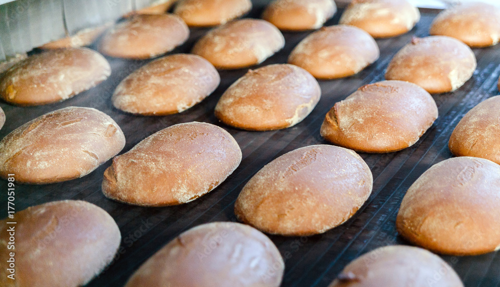 Baked Breads on the production line at the bakery Baked Breads on the production line at the bakery