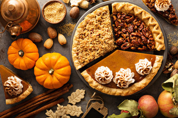Fall traditional pies pumpkin, pecan and apple crumble